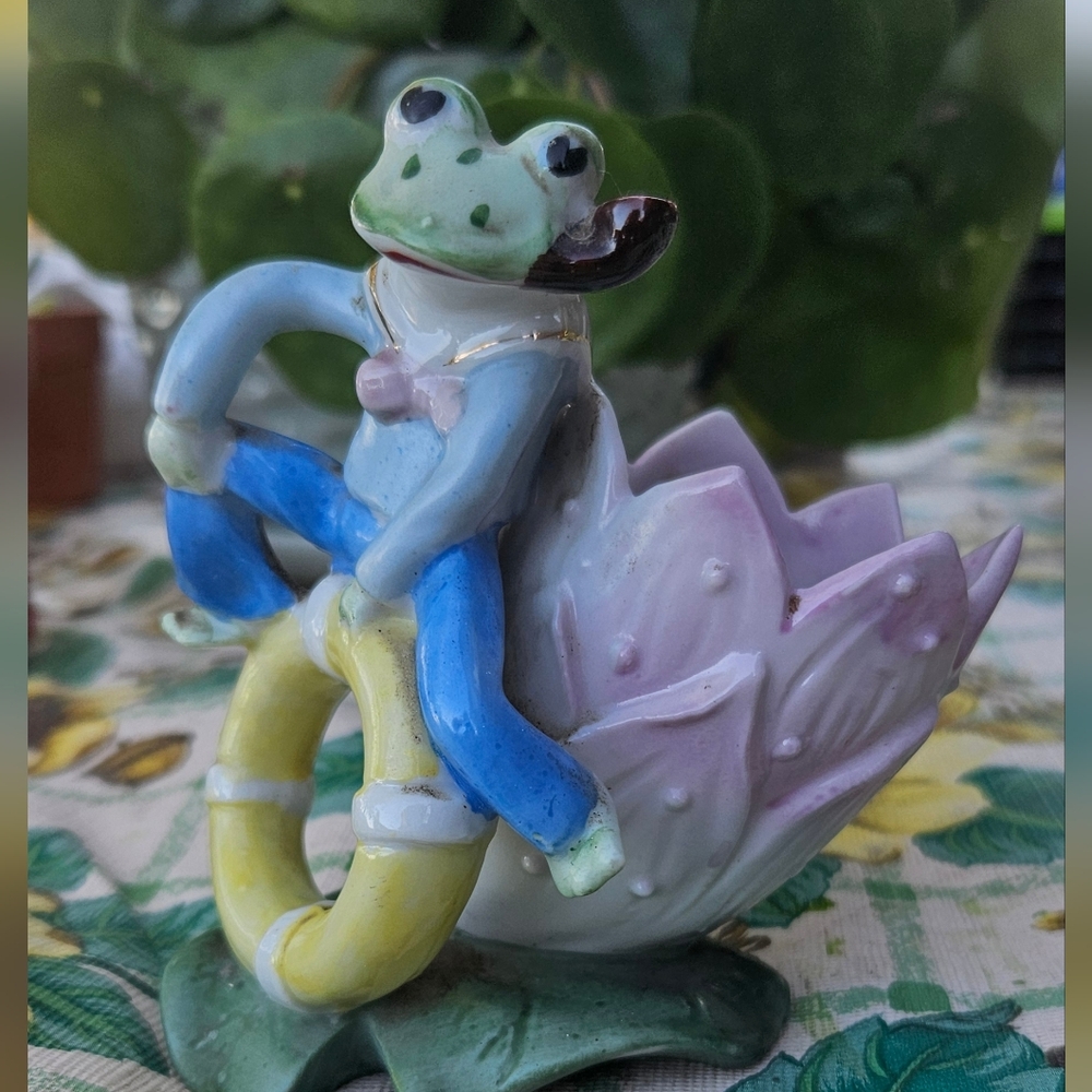Colorful Frog Figurine on Flower Vase